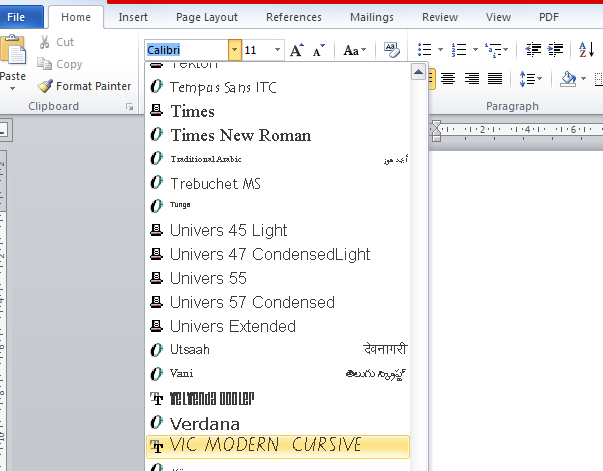 cursive font name in word
